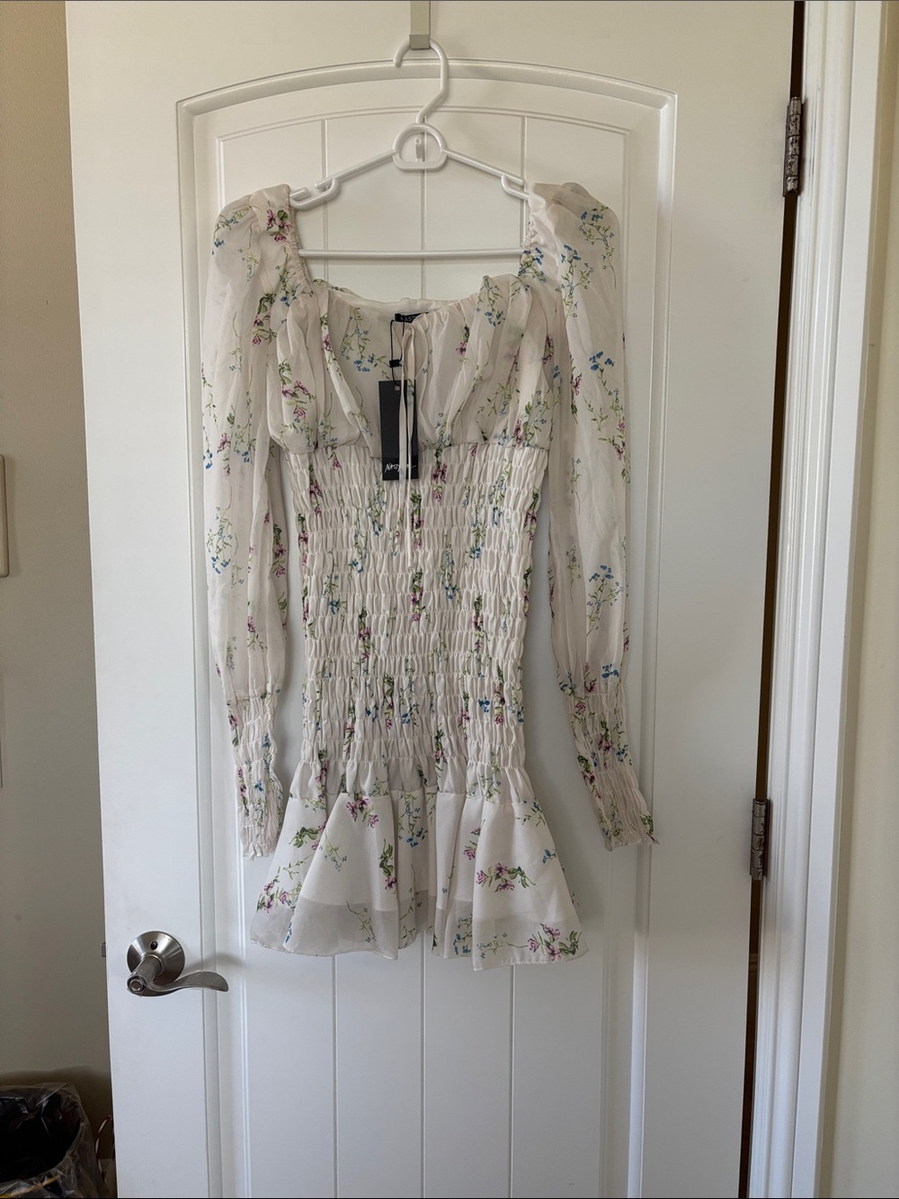 Nasty Gal Cream Floral Smocked Long-Sleeve Mini Dress